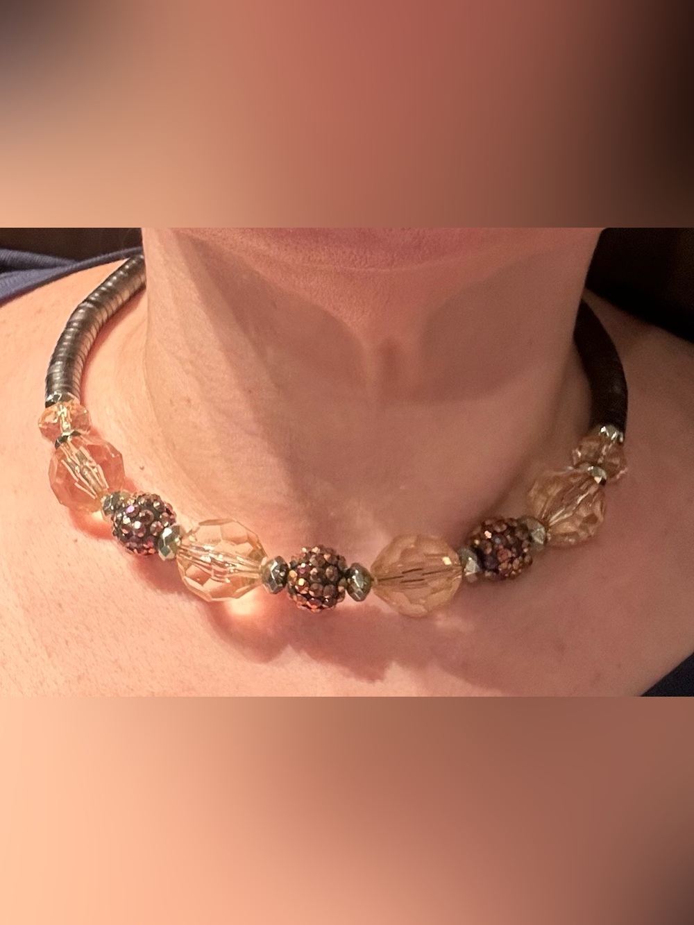 Y2K Gunmetal and Champagne Crystal Collar Choker Necklace Rhinestone Disco Ball